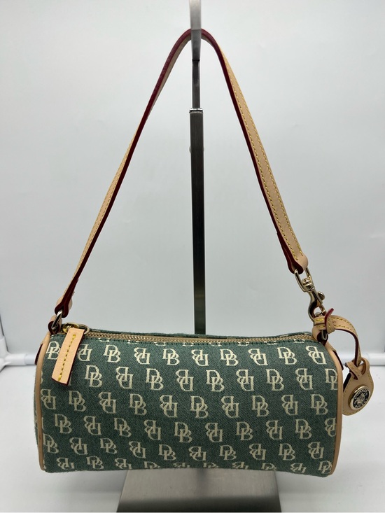 Dooney & Bourke Handbags - DOONEY & BOURKE Y2K Mini Barrel Monogram Green Canvas Leather Trim Shoulder Bag